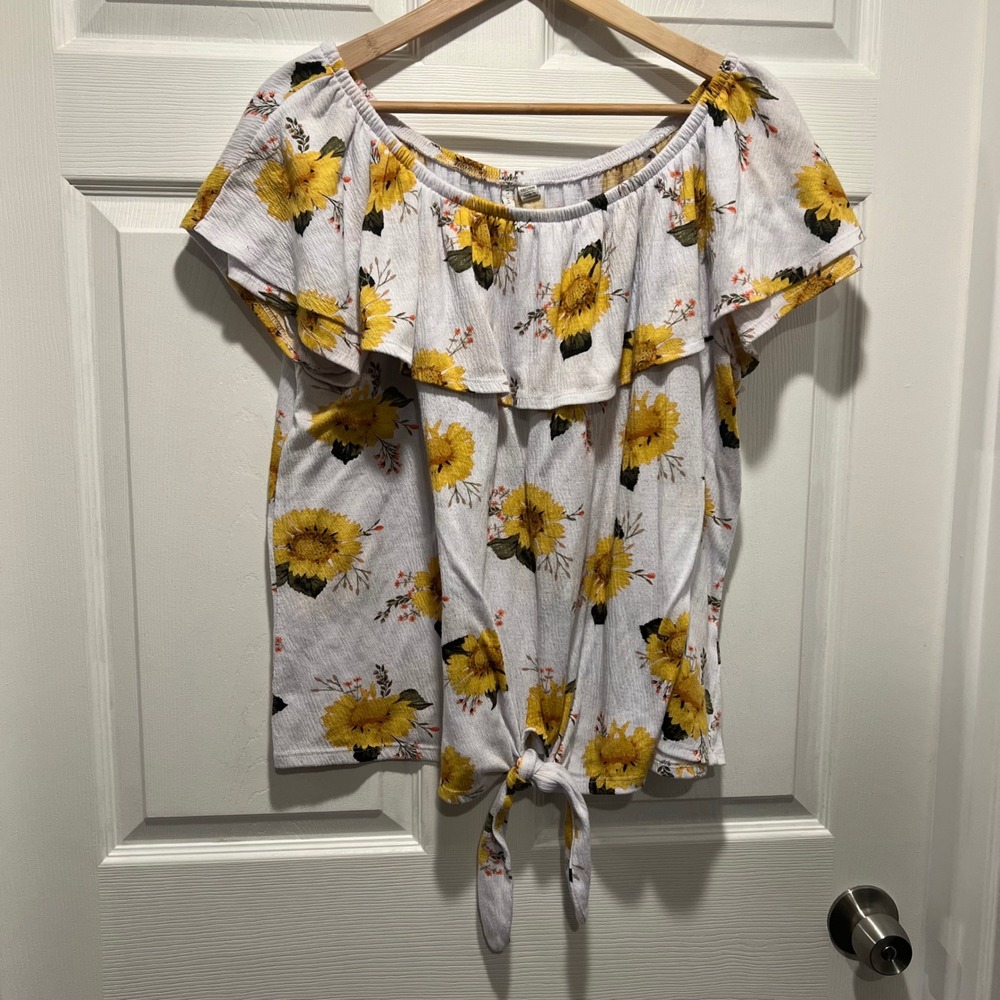 EST. 1946 Womens Sunflower Print Off The Shoulder Ruffle Tie Front Top 18/20W